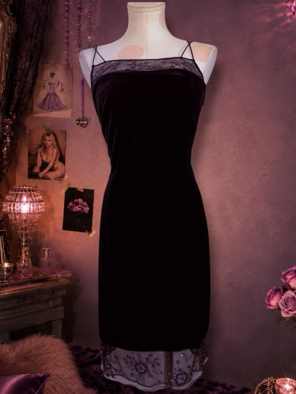Vintage Rimini Black Velvet Beaded Mesh Midi Dress | Size 10 ✨